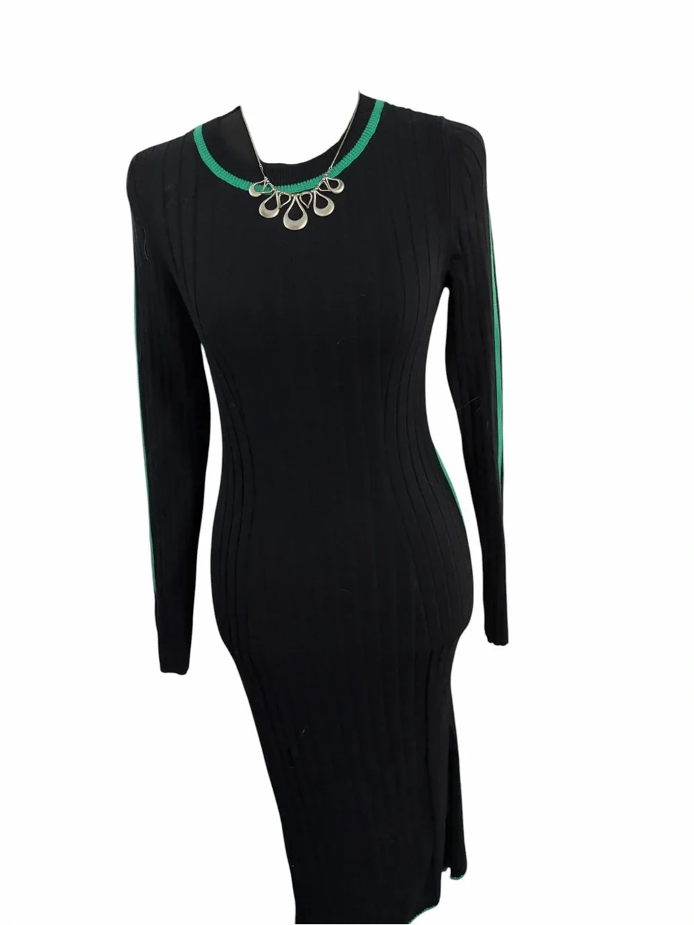 Fitted Black Maxi Dress with Green Trim